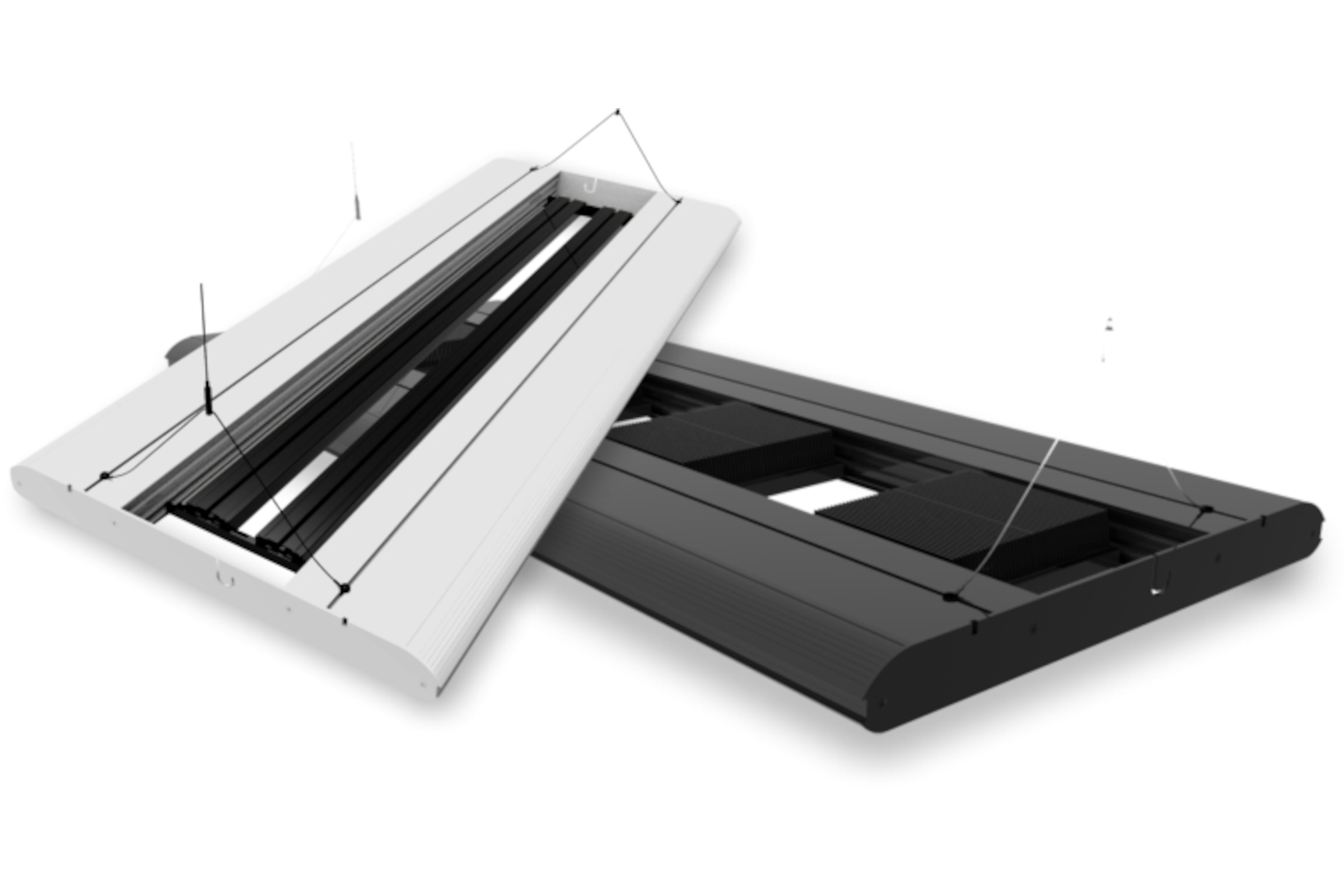 Zwei hängende LED-Panelleuchten in Schwarz und Weiß